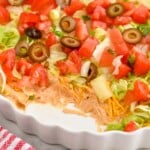 Pinterest graphic for Taco Dip. Image is overhead photo of Taco Dip. Text says, "Super easy layered Taco Dip simplejoy.com."