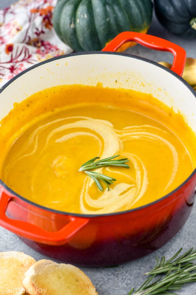 Overhead photo of a pot of Acorn Squash Soup