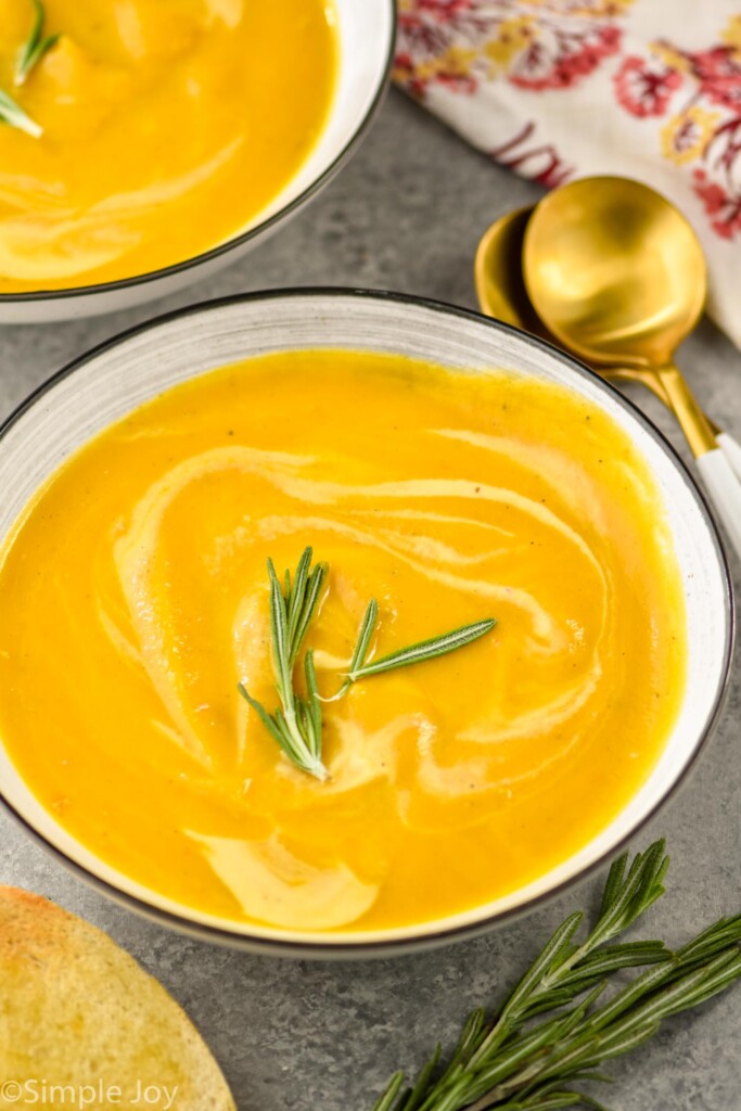 Overhead photo of a bowl of Acorn Squash Soup