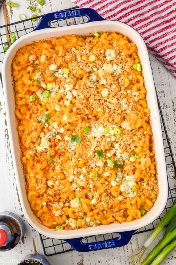 Overhead photo of a baking dish of Buffalo Chicken Mac and Cheese