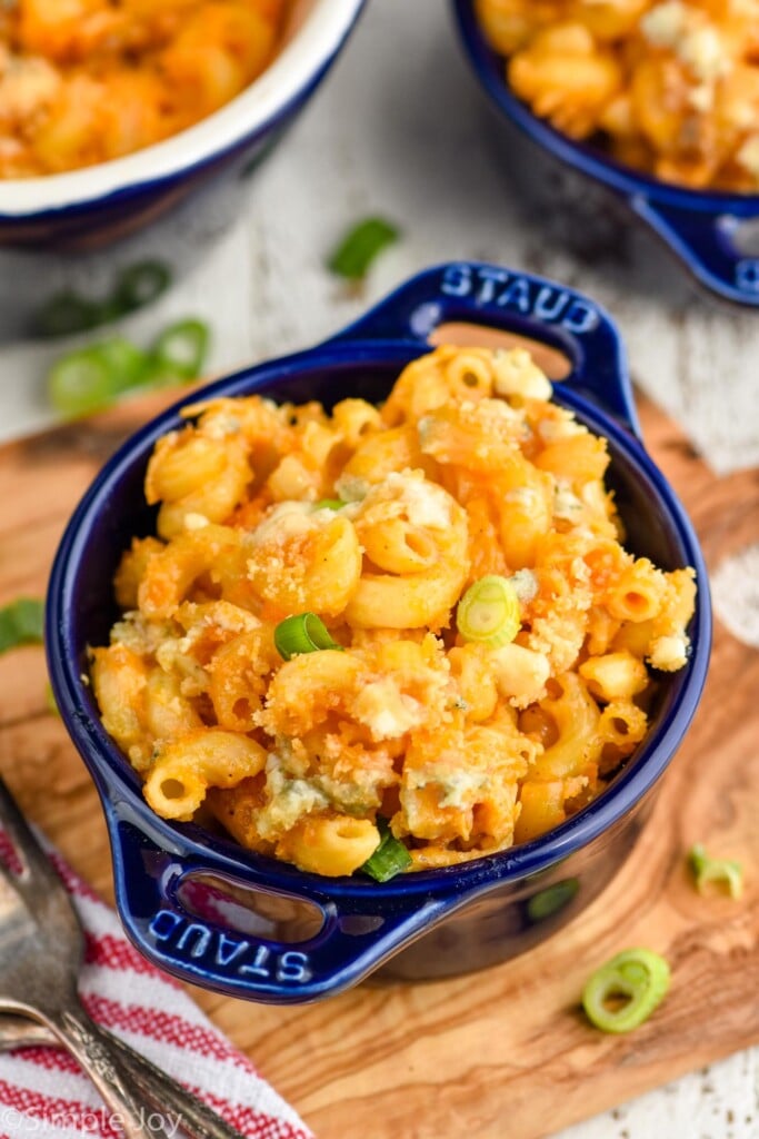 Overhead photo of a bowl of Buffalo Chicken Mac and Cheese