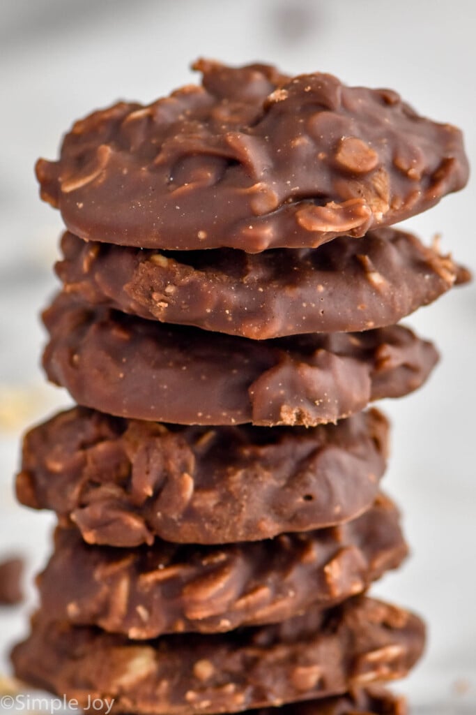 Photo of a stack of No Bake Chocolate Oatmeal Cookies.