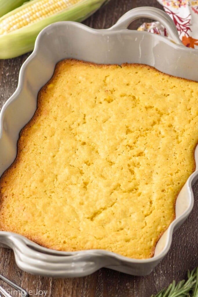 Overhead photo of Corn Casserole in a baking dish.