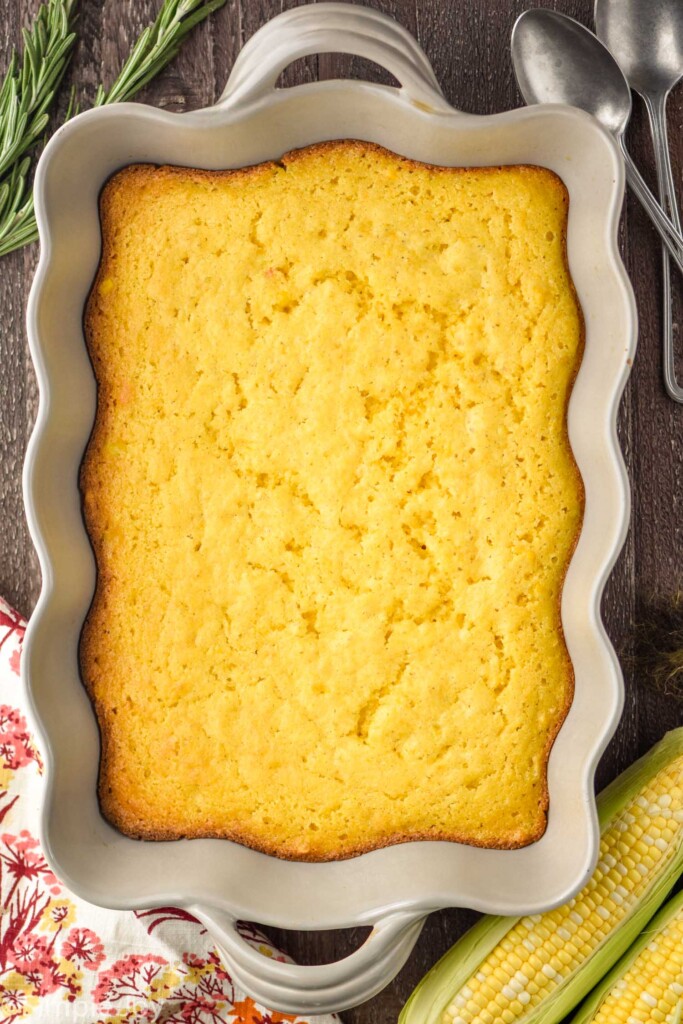 Overhead photo of Corn Casserole in a baking dish