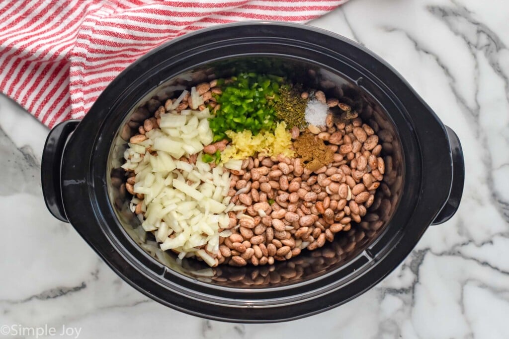 overhead of the ingredients of crock pot pinto beans in a slow cooker