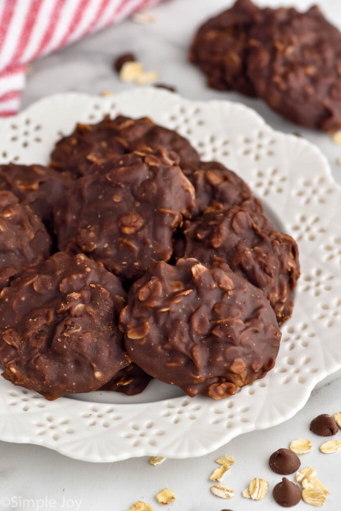 Overhead photo of No Bake Chocolate Oatmeal Cookies on a plate for serving.