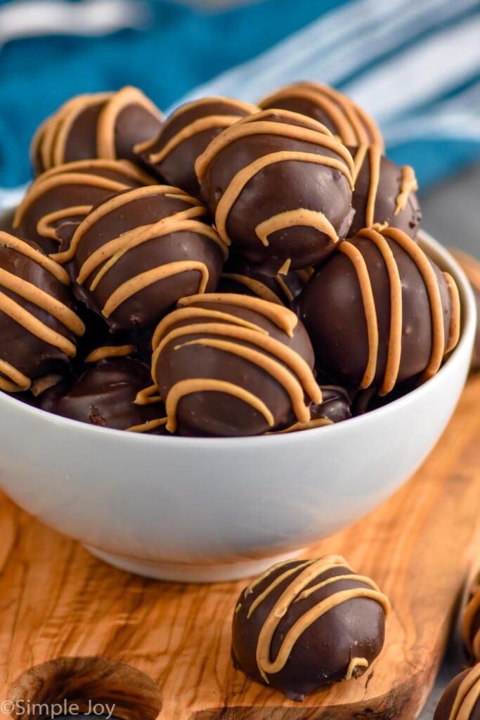 Overhead photo of Peanut Butter Balls in a bowl.