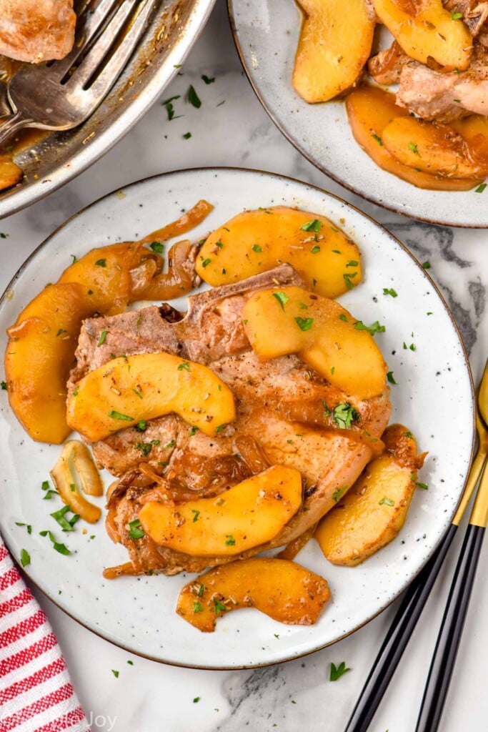 Overhead photo of Pork Chops with Apples on a plate.