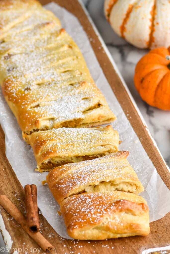 Overhead photo of Pumpkin Cheesecake Braid cut into pieces.