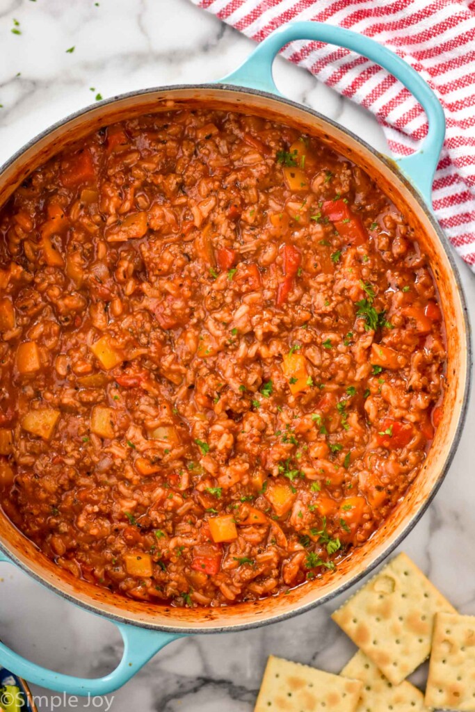 overhead view of a pout of stuffed pepper soup