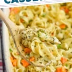 pinterest graphic of a wooden spoon dishing up chicken noodle casserole, says, "the best chicken noodle casserole, simplejoy.com"