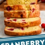 Pinterest graphic for cranberry orange bread. Text says "cranberry orange bread simplejoy.com" Image shows a sliced loaf of orange cranberry bread sitting on cutting board for serving"