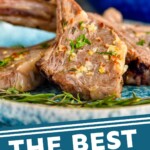 Pinterest photo of the best lamp chops with front photo of a cooked lamb chop, says 'the best lamb chops simplejoy.com'