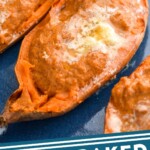 Pinterest graphic for Twice Baked Sweet Potatoes recipe. Image is overhead photo of Twice Baked Sweet Potatoes garnished with butter and brown sugar. Text says, "Twice Baked Sweet Potatoes simplejoy.com"