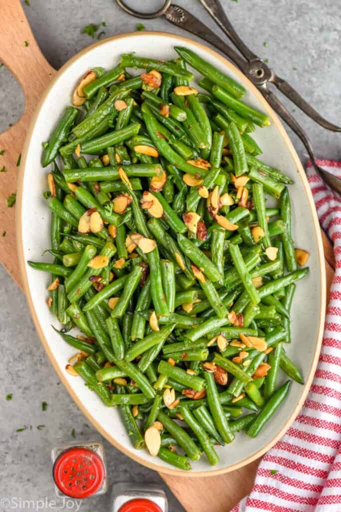 overhead platter of green beans almondine recipe