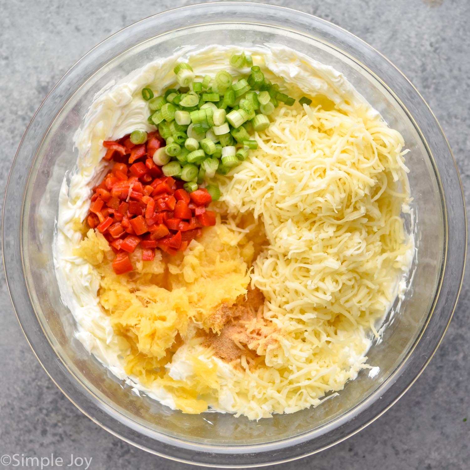 overhead bowl of pineapple cheese ball ingredients