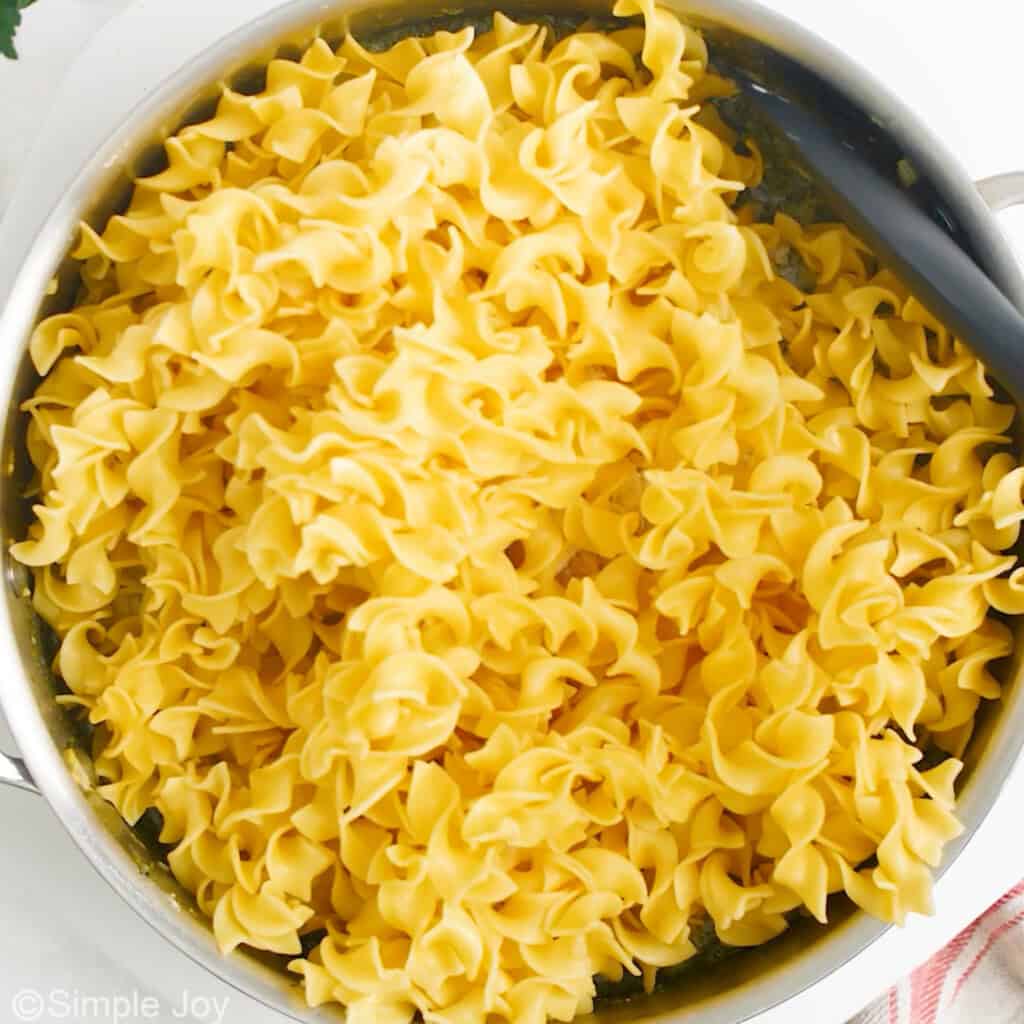 overhead of a skillet with cooked egg noodles
