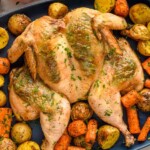 Overhead of serving platter of spatchcock chicken, potatoes, and carrots for serving. - 13