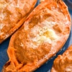 Overhead photo of Twice Baked Sweet Potatoes garnished with butter and brown sugar. - 10