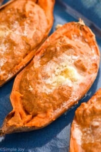 Overhead photo of Twice Baked Sweet Potatoes garnished with butter and brown sugar.