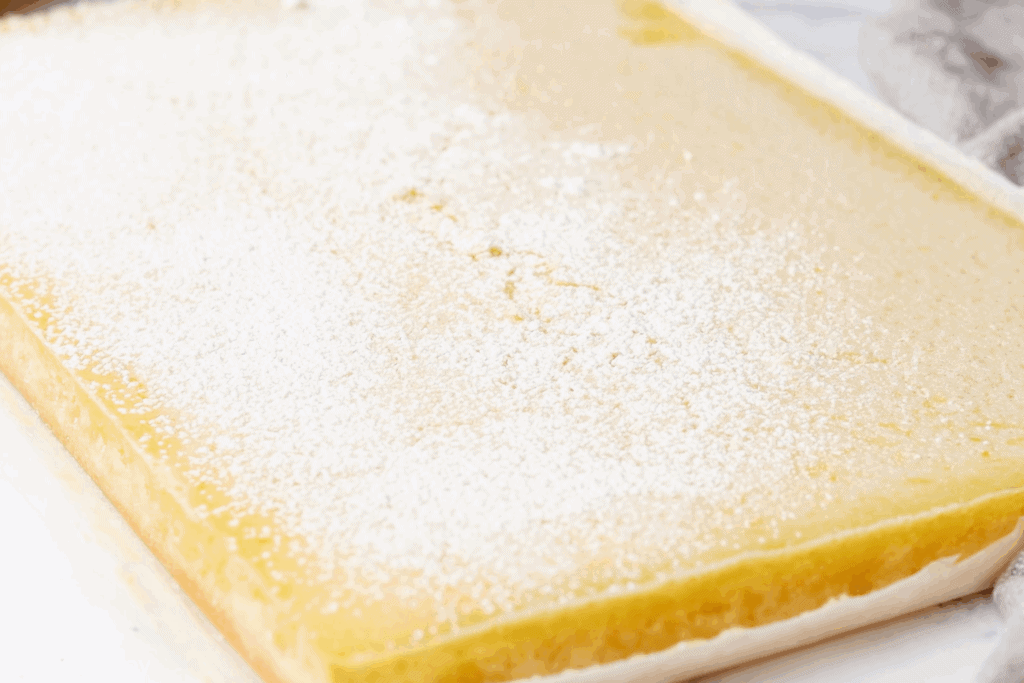 powdered sugar being dusted over lemon bars