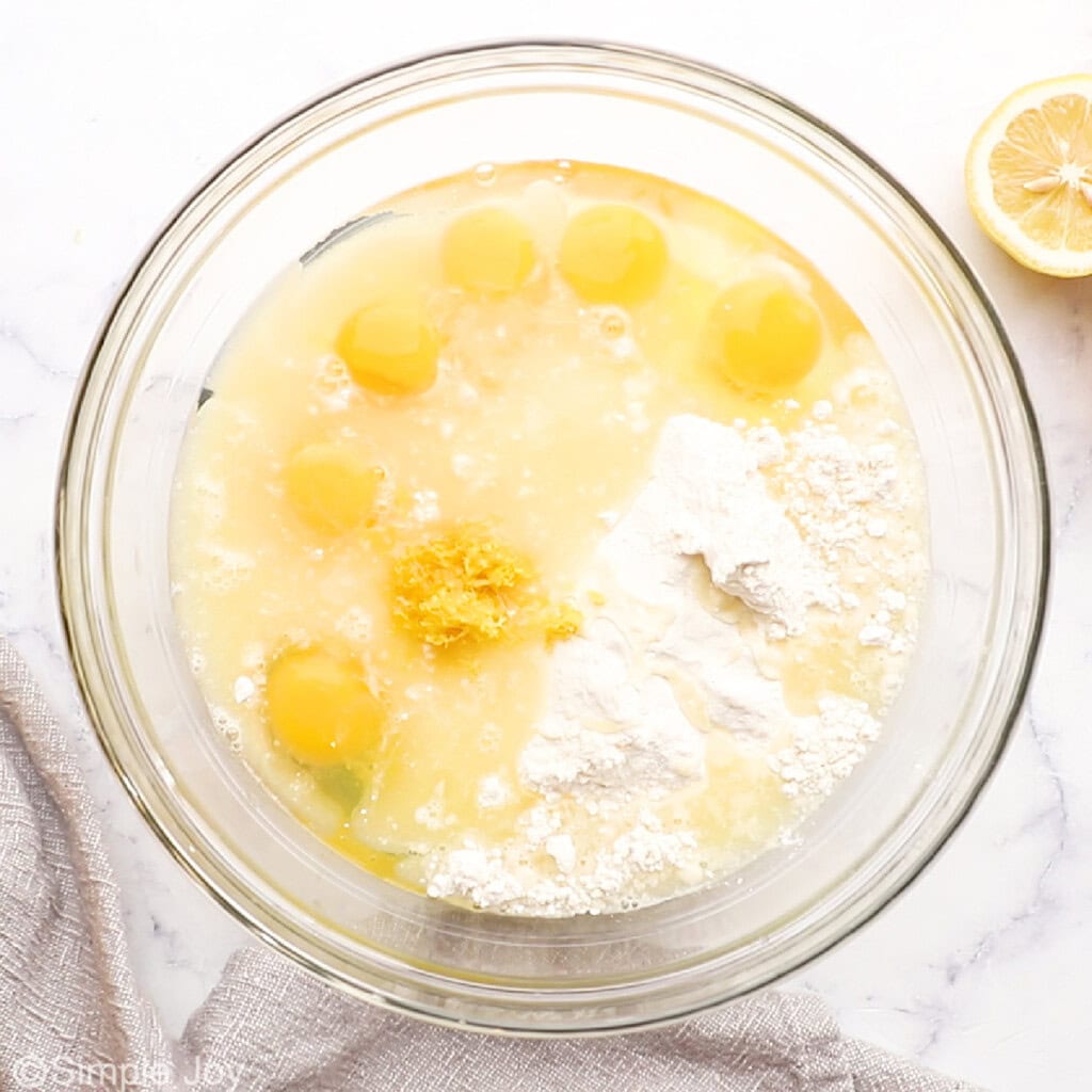 eggs, lemon juice, lemon zest, granulated sugar, and flour in a bowl