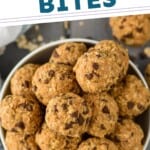 pinterest graphic of overhead of a bowl full of energy bites, says, "5 ingredient no bake energy bites, simplejoy.com"
