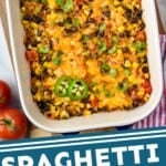 Pinterest graphic for Spaghetti Squash Casserole. Image is overhead photo of a baking dish of Spaghetti Squash Casserole. Text says, "Spaghetti Squash Casserole simplejoy.com"