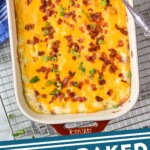 Pinterest graphic of Twice Baked Potato Casserole. Top image is baking disk of Twice Baked Potato Casserole with a spoon for serving. Text says, "Twice Baked Potato Casserole simplejoy.com"