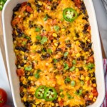 Overhead photo of a baking dish of Spaghetti Squash Casserole - 10