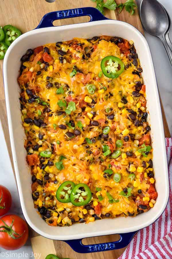 Overhead photo of a baking dish of Spaghetti Squash Casserole