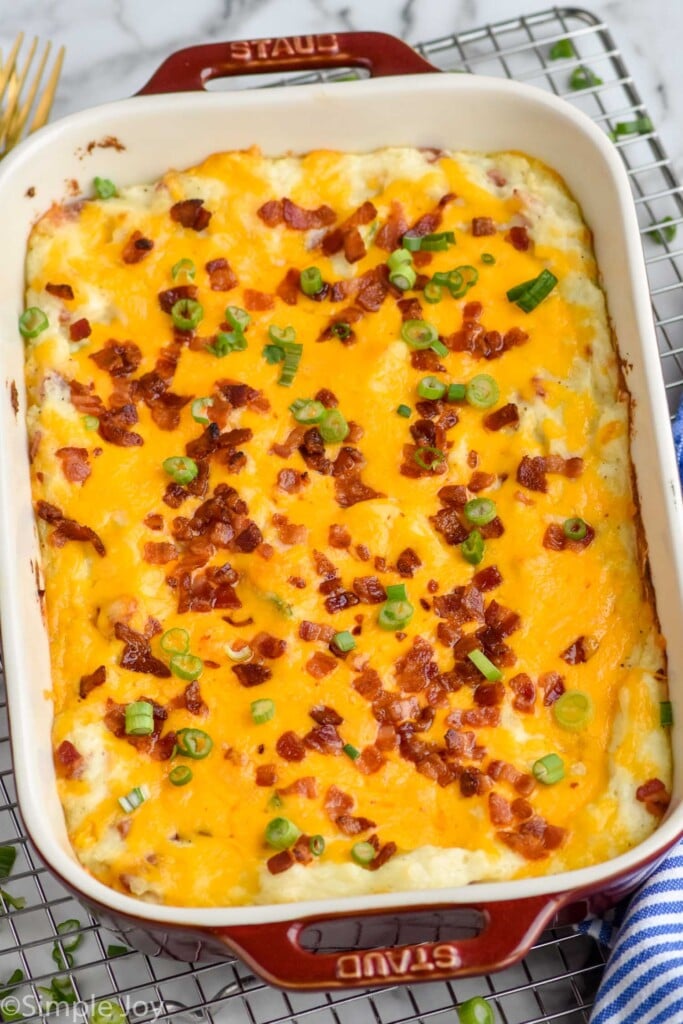 Overhead photo of a baking dish of Twice Baked Potato Casserole.