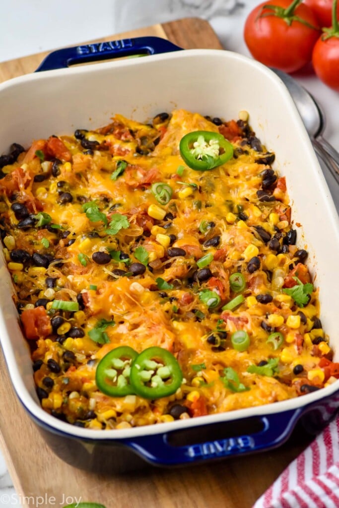 Overhead photo of a baking dish of Spaghetti Squash Casserole