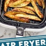 Pinterest graphic for Air Fryer Potato Wedges recipe. Image is overhead photo of Air Fryer Potato Wedges in air fryer basket. Text says, "Air Fryer Potato Wedges simplejoy.com"