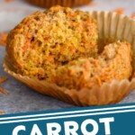 Pinterest graphic for Carrot Cake Muffins recipe. Image is close up photo of Carrot Cake Muffins, with one muffin broken in half for eating. Text says, "Carrot Cake Muffins simplejoy.com."