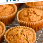 Pinterest graphic for Carrot Cake Muffins recipe. Text says, "The Best Carrot Cake Muffins simplejoy.com." Image is close up photo of Carrot Cake Muffins on cooling rack.