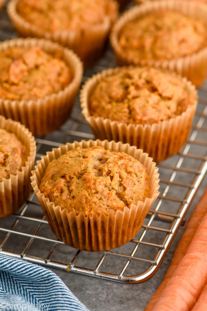 Close up photo of Carrot Cake Muffins on cooling rack.