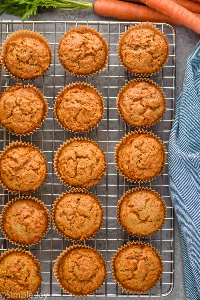 Overhead photo of Carrot Cake Muffins on a cooling rack.