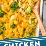 Pinterest graphic for Chicken Broccoli Noodle Casserole recipe. Image is overhead photo of baking dish of Chicken Broccoli Noodle Casserole with a spoon for serving. Text says, "Chicken Noodle Casserole simplejoy.com."