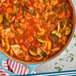 Pinterest graphic for Vegetable Soup recipe. Image is overhead photo of a pot of Vegetable Soup. Text says, "Vegetable Soup simplejoy.com."