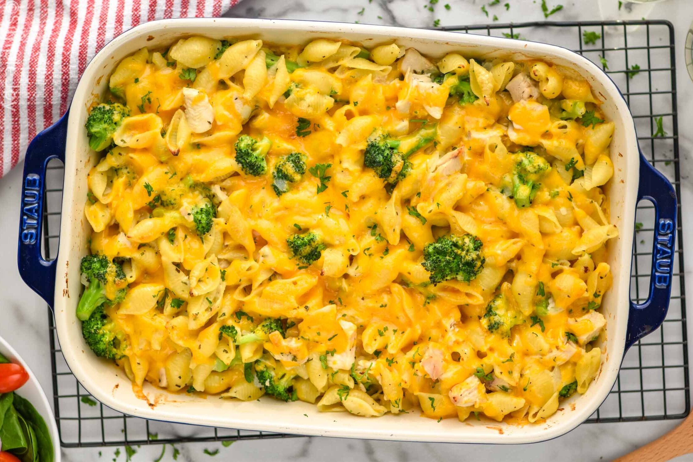 Overhead photo of a baking dish of Chicken Broccoli Noodle Casserole.