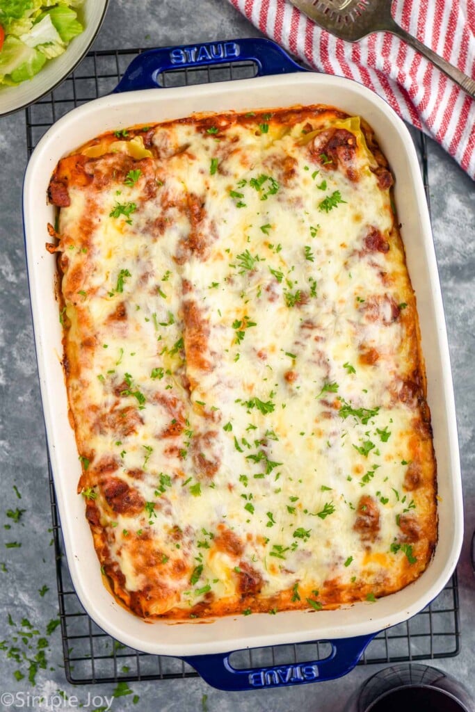 Overhead photo of a baking dish of Homemade Lasagna