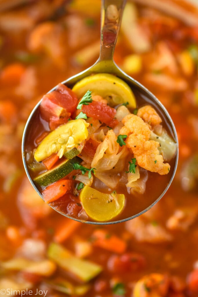 Close up photo of a spoonful of Vegetable Soup.