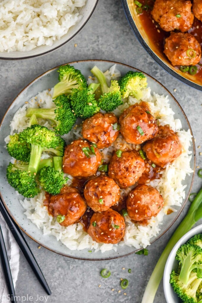 Overhead photo of Teriyaki Meatballs served with rice and broccoli.