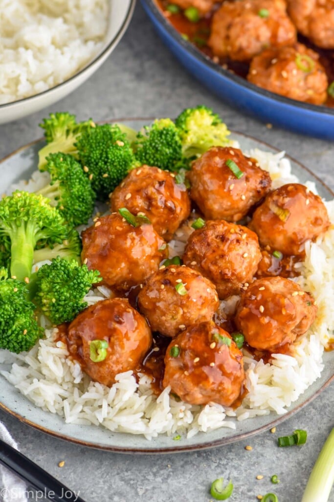 Overhead photo of Teriyaki Meatballs served with rice and broccoli.