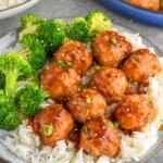 Overhead photo of Teriyaki Meatballs served with rice and broccoli.