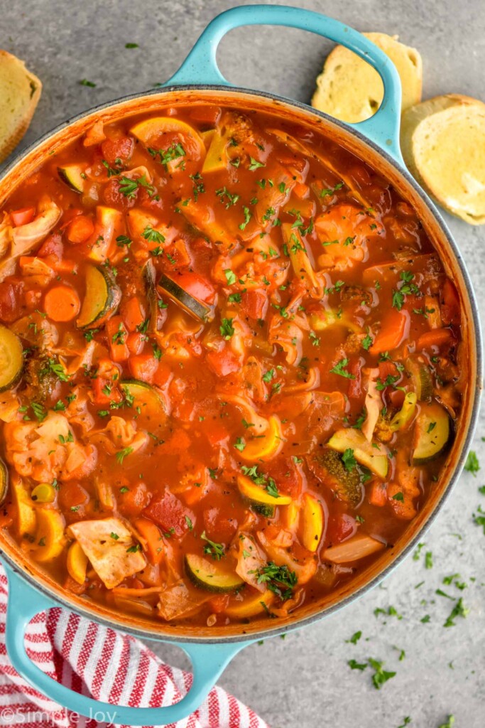 Overhead photo of a pot of Vegetable Soup.