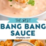 Pinterest graphic for Bang Bang Sauce recipe. Top image is close up photo of person's hand dipping breaded shrimp into a bowl of Bang Bang Sauce. Bottom photo is overhead photo of a bowl of Bang Bang Sauce with breaded shrimp around the bowl for dipping.