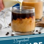 Pinterest graphic for Homemade Coffee Creamer recipe. Image is photo of person's hand pouring Homemade Coffee Creamer into a mug of coffee. Text says, "3 ingredient Homemade Coffee Creamer simplejoy.com."