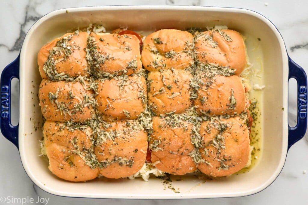 Overhead photo of a baking dish of Pizza Sliders